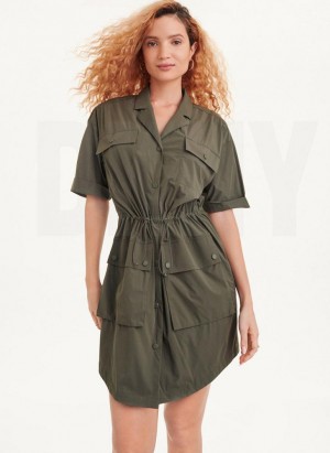 DKNY 4 Pocket Kleid Damen Olivgrün | Austria_D1457