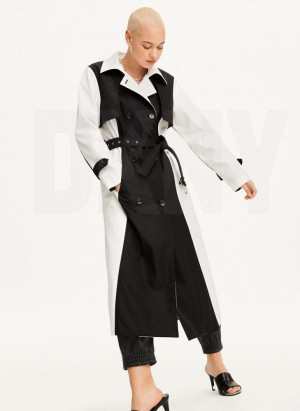 DKNY Colorblock Crinkle Trench Jacken Damen Schwarz Weiß | Austria_D1178