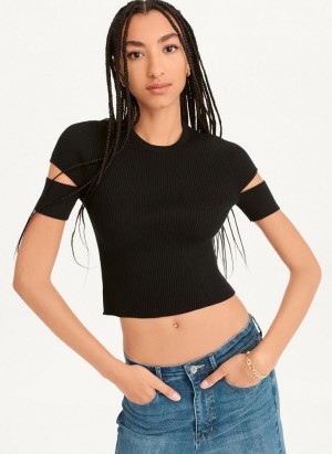 DKNY Cut Out Knit T-shirts Damen Schwarz | Austria_D1581