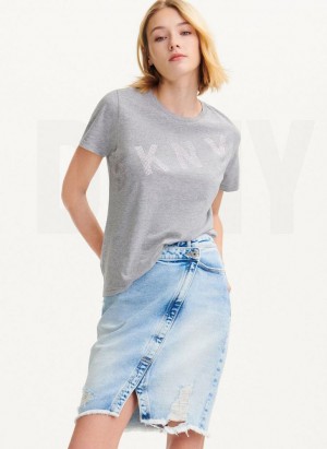 DKNY Diagonal Rhinestone Logo T-shirts Damen Grau | Austria_D1016