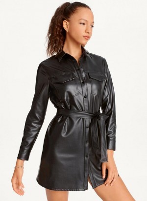 DKNY Faux Leder Kleid Damen Schwarz | Austria_D0714