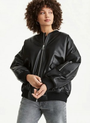 DKNY Faux Leder Oversized Bomber Jacken Damen Schwarz | Austria_D1186