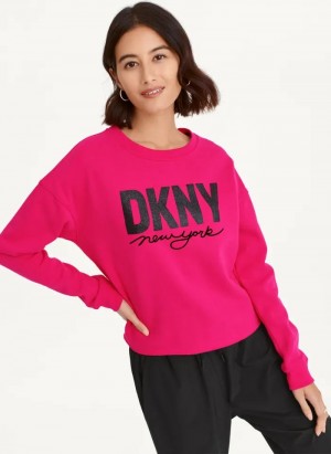 DKNY Glitter Script Logo Cropped Raw Edge Sweatshirts Damen Rosa | Austria_D1484