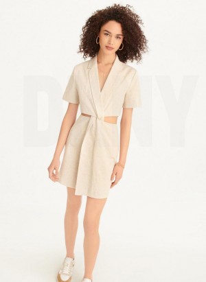 DKNY Linen Cut Out Kleid Damen Beige | Austria_D1610