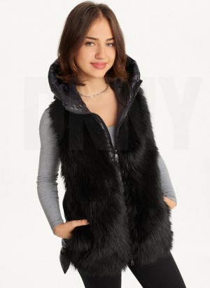 DKNY Mit Kapuze Puffer Vest With Faux Fur Front Mäntel Damen Schwarz | Austria_D1274