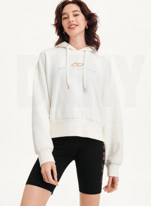 DKNY Mixed Distressed Metallic Logo Cropped Hoodies Damen Weiß | Austria_D1318