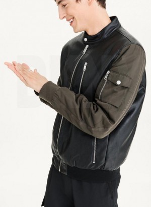 DKNY Mixed Media Faux Leder Bomber Jacken Herren Schwarz Olivgrün | Austria_D0329