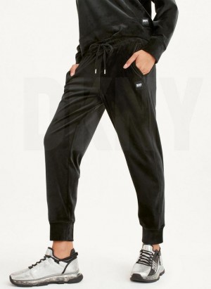 DKNY Platinum Velour Relaxed Jogginghose Damen Schwarz | Austria_D1271