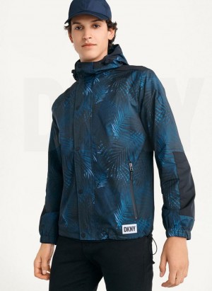 DKNY Printed Nylon Wild Palm Mit Kapuze Rain Jacken Herren Navy | Austria_D1083