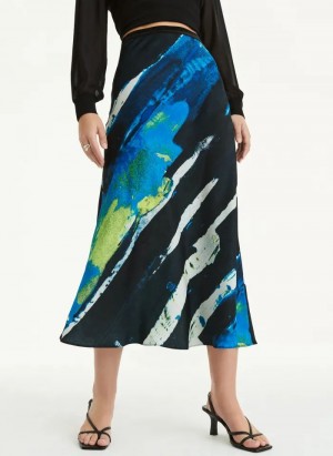 DKNY Pull On Print Satin Midi Röcke Damen Blau | Austria_D1588