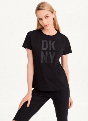 DKNY Rhinestone Glitter Logo T-shirts Damen Schwarz | Austria_D1645