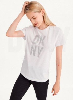 DKNY Rhinestone Glitter Logo T-shirts Damen Weiß Silber | Austria_D0412