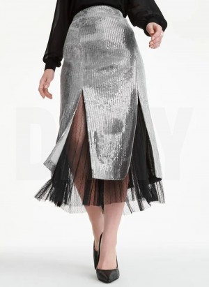 DKNY Sequin Midi With Tulle Röcke Damen Silber | Austria_D0787