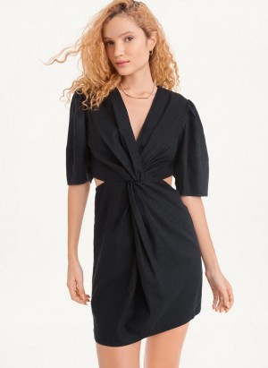 DKNY Side Cut Linen Mini Kleid Damen Schwarz | Austria_D1841