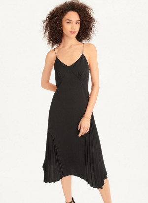 DKNY V-neck Asymmetrical Falten Kleid Damen Schwarz | Austria_D1248