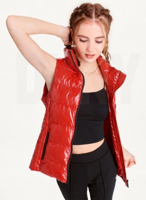 DKNY Wet Token Logo Puffer Vest Mäntel Damen Rot | Austria_D0727