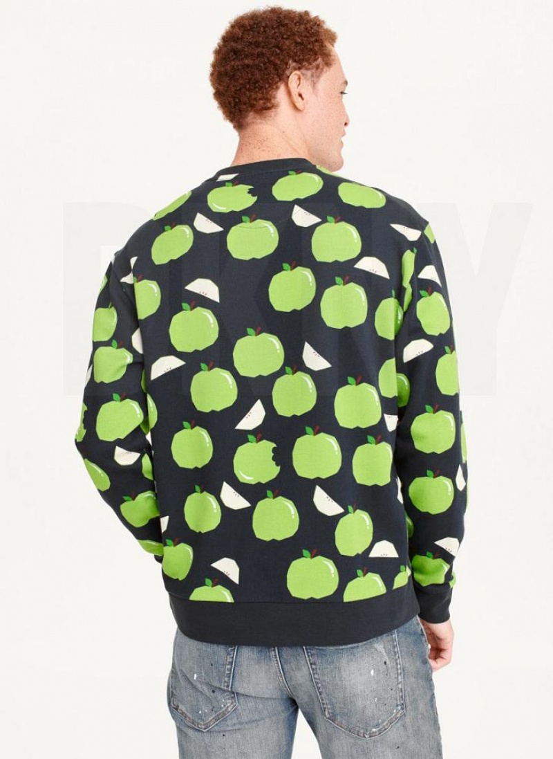 DKNY Apple Print Long Sleeve Crew Neck Sweatshirts Herren Blau | Austria_D0577