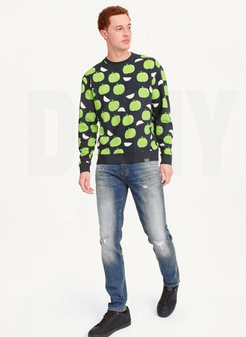 DKNY Apple Print Long Sleeve Crew Neck Sweatshirts Herren Blau | Austria_D0577