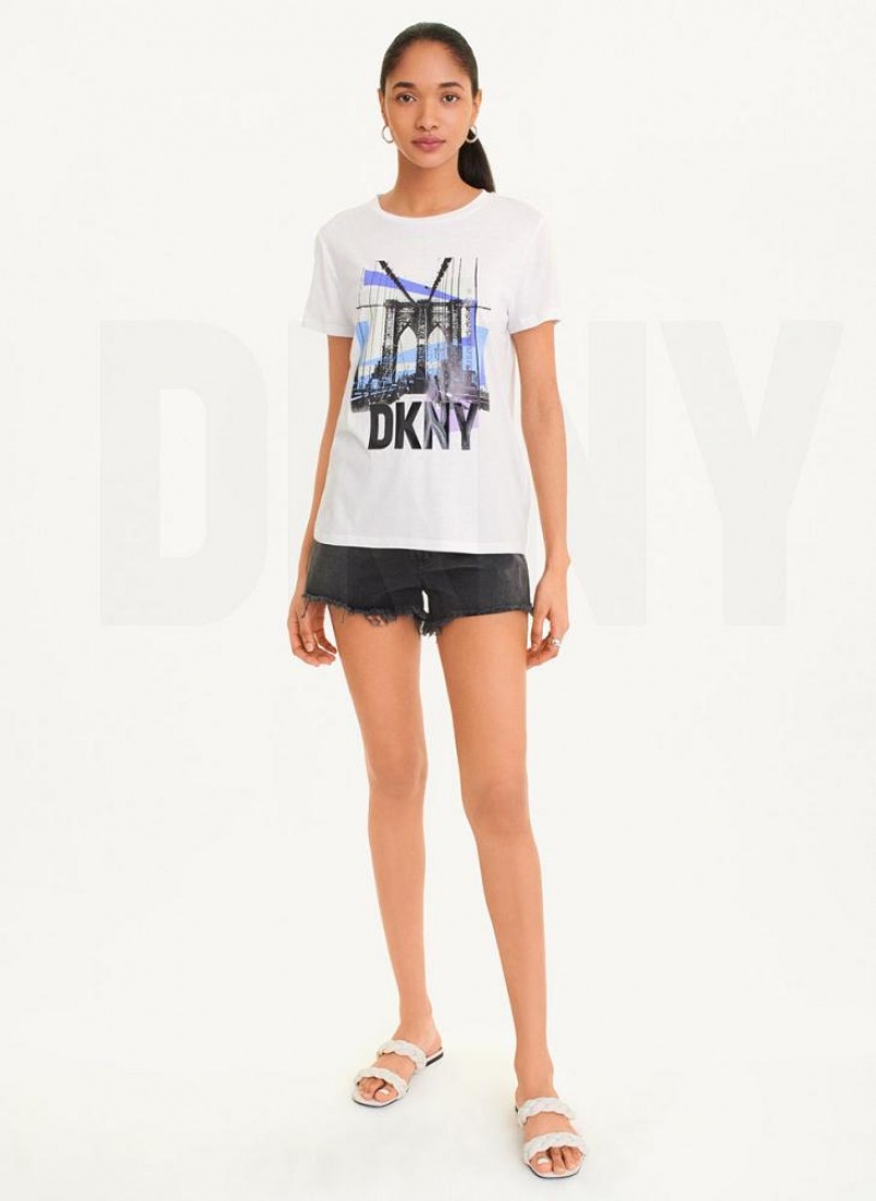 DKNY Brooklyn Bridge Logo T-shirts Damen Weiß | Austria_D1165