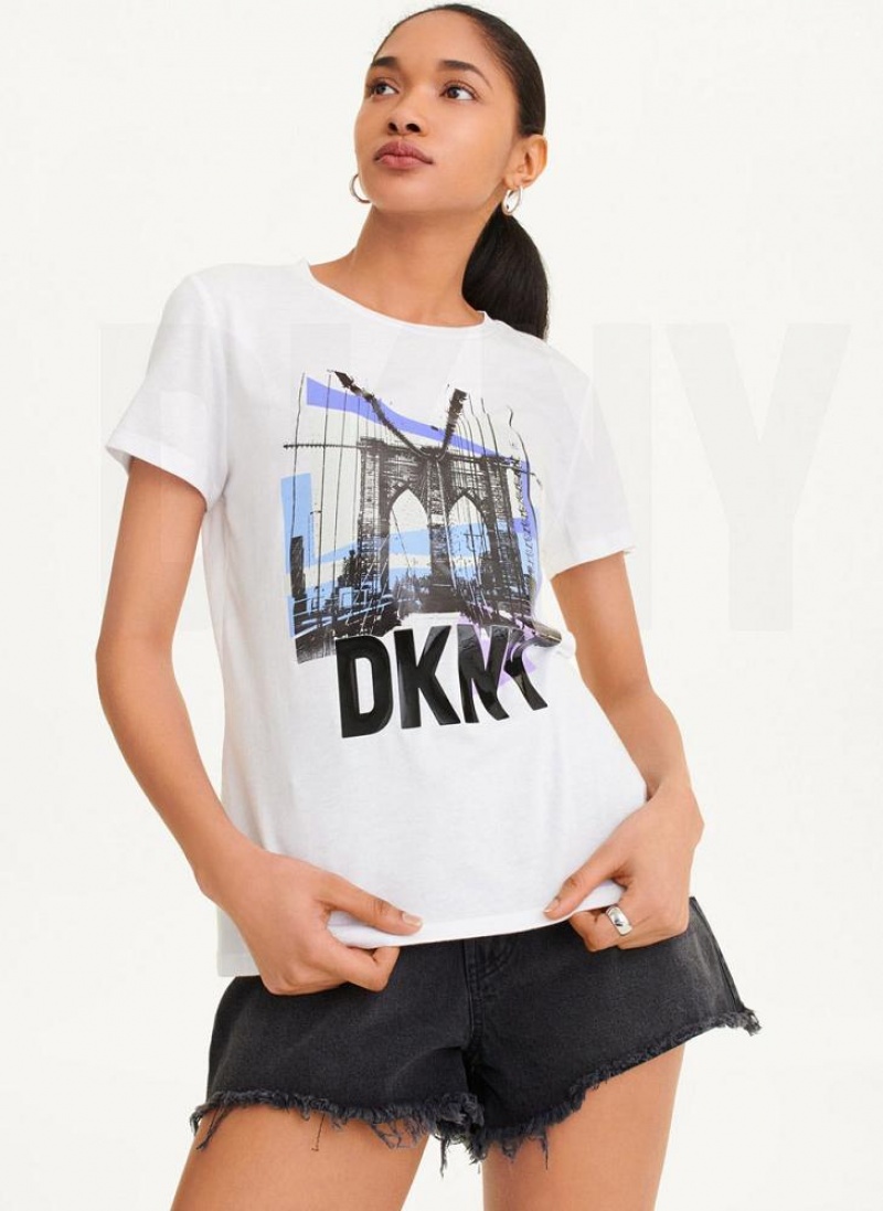 DKNY Brooklyn Bridge Logo T-shirts Damen Weiß | Austria_D1165