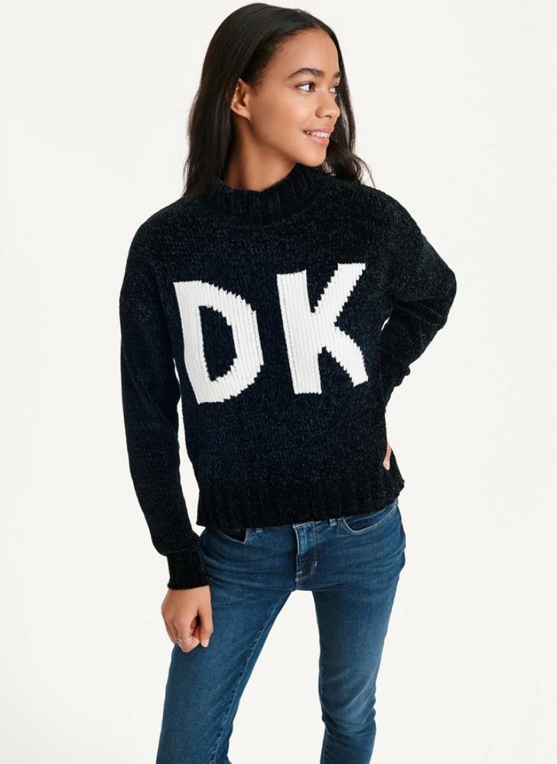 DKNY Chunky Chenille Logo Pullover Damen Schwarz Weiß | Austria_D1384