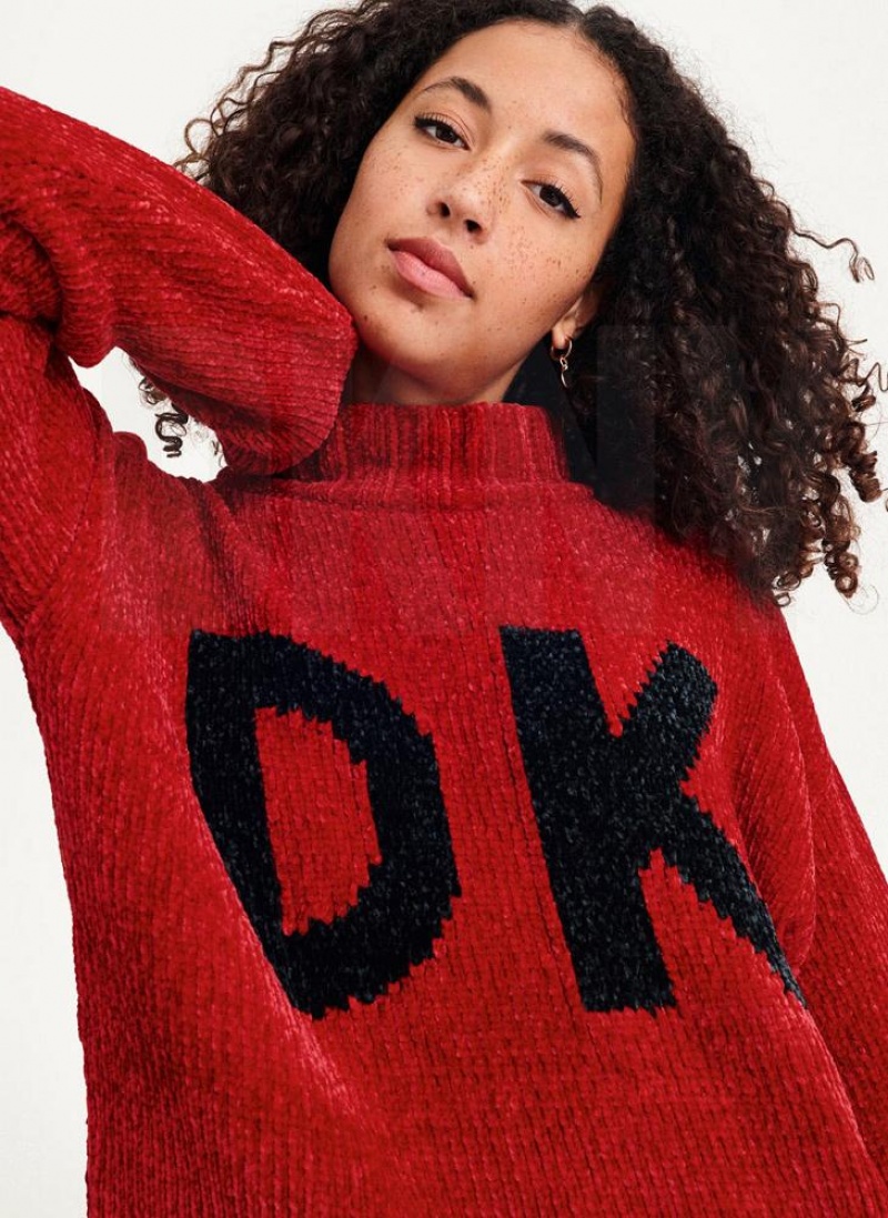 DKNY Chunky Chenille Logo Pullover Damen Rot | Austria_D1838