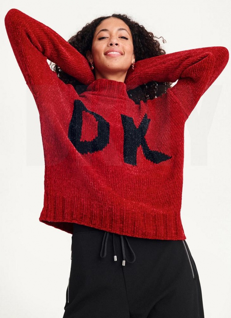 DKNY Chunky Chenille Logo Pullover Damen Rot | Austria_D1838