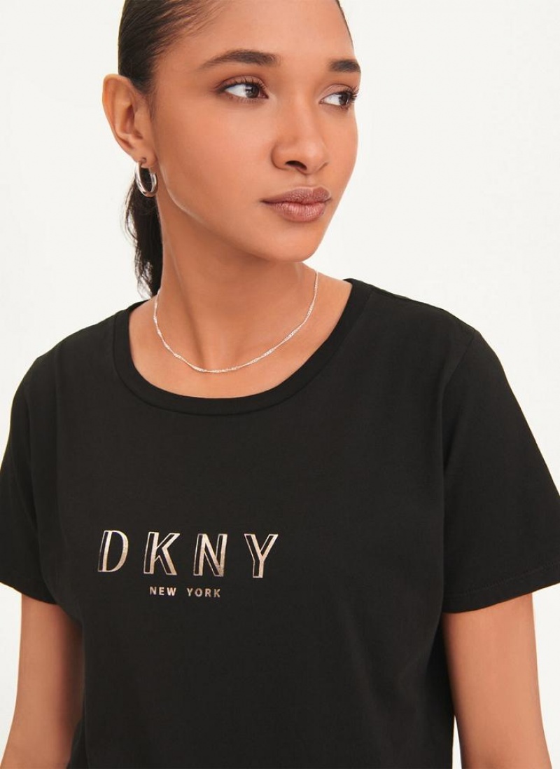 DKNY Crinkle Foil Spec Logo T-shirts Damen Schwarz | Austria_D1074