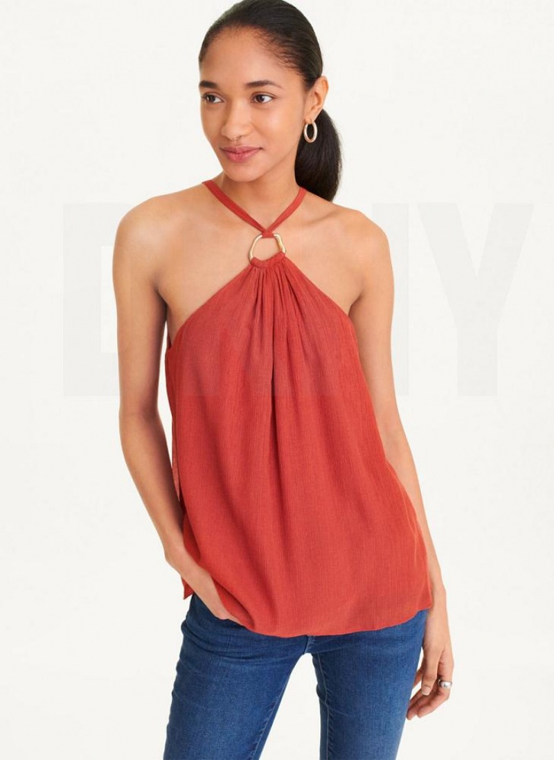 DKNY Crinkle Rayon Crossover Blouse Tanktop Damen Rot | Austria_D1235