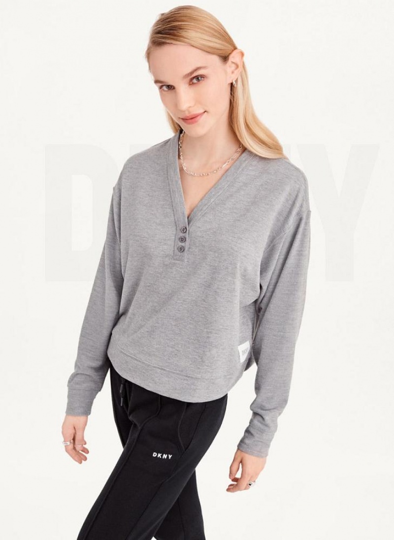 DKNY Cropped Henley Lounge Pullover Sweatshirts Damen Grau | Austria_D1528