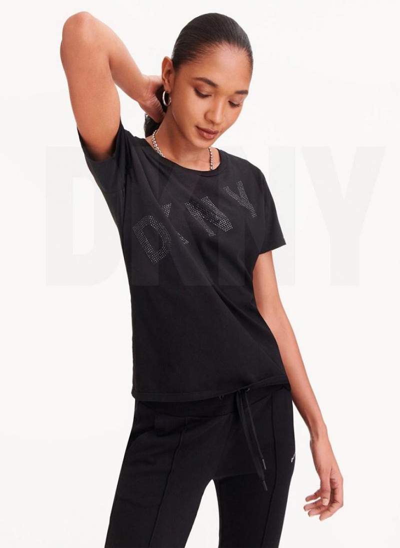 DKNY Diagonal Rhinestone Logo T-shirts Damen Schwarz | Austria_D0477