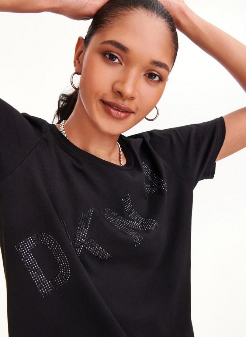 DKNY Diagonal Rhinestone Logo T-shirts Damen Schwarz | Austria_D0477