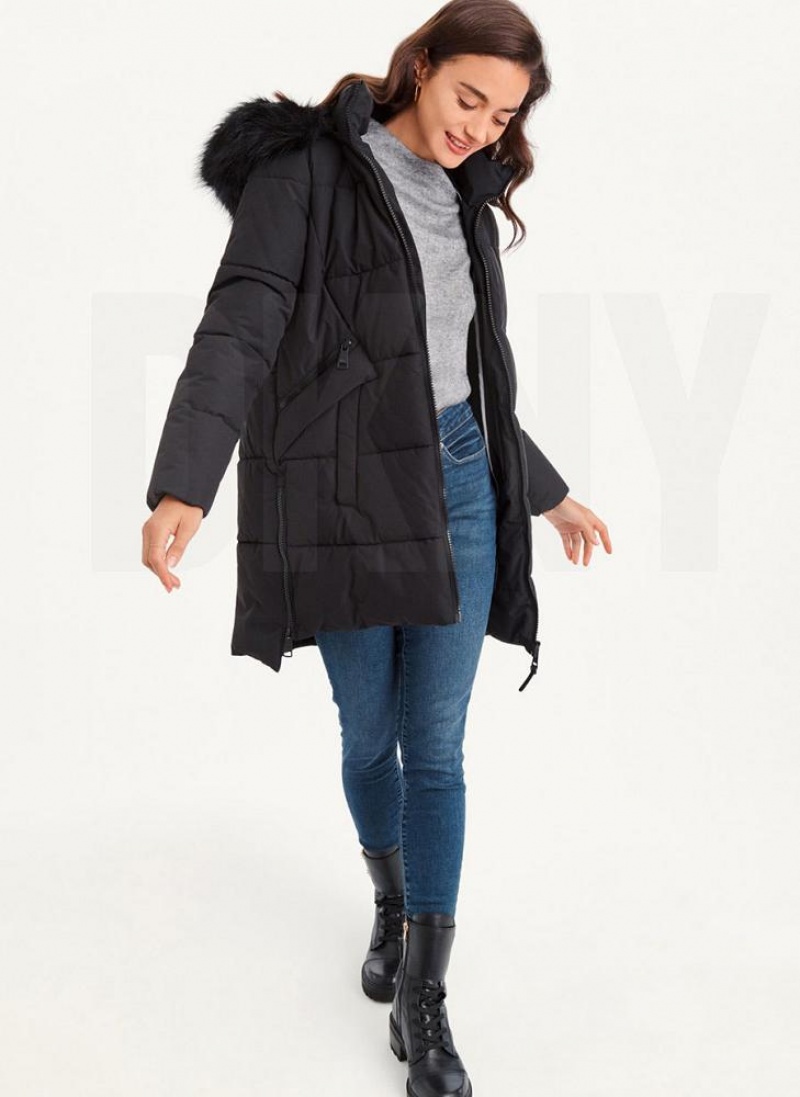 DKNY Double-Pocketed Faux-Fur Long Puffer Mäntel Damen Schwarz | Austria_D1045