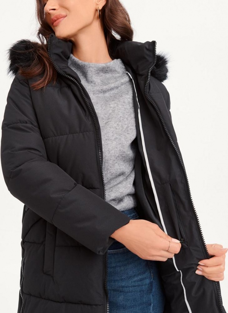 DKNY Double-Pocketed Faux-Fur Long Puffer Mäntel Damen Schwarz | Austria_D1045