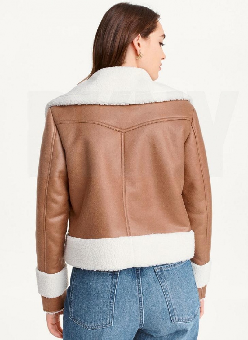 DKNY Faux-Wildleder Shearling Trim Biker Mäntel Damen Braun | Austria_D1050