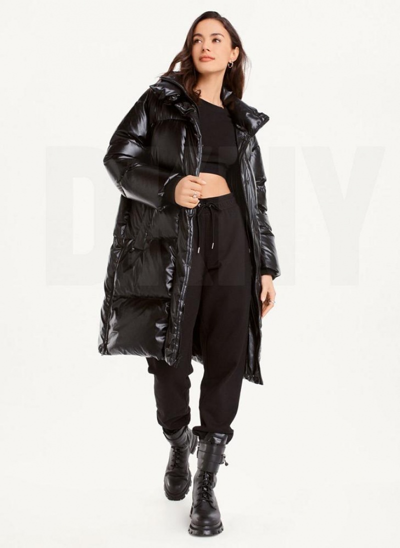 DKNY Faux Leder Long Puffer Mäntel Damen Schwarz | Austria_D1487