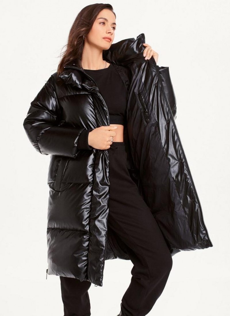 DKNY Faux Leder Long Puffer Mäntel Damen Schwarz | Austria_D1487