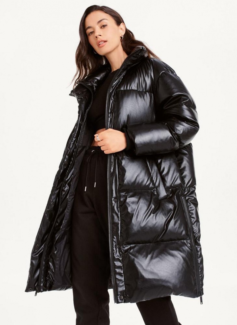 DKNY Faux Leder Long Puffer Mäntel Damen Schwarz | Austria_D1487