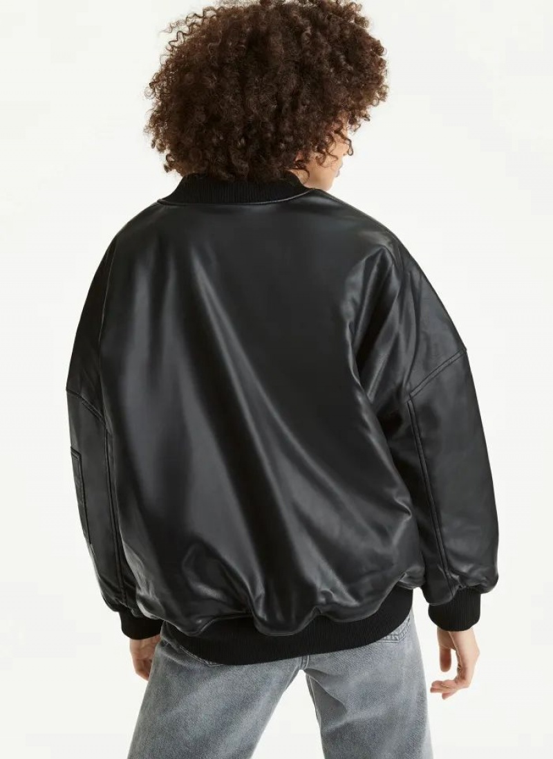 DKNY Faux Leder Oversized Bomber Jacken Damen Schwarz | Austria_D1186