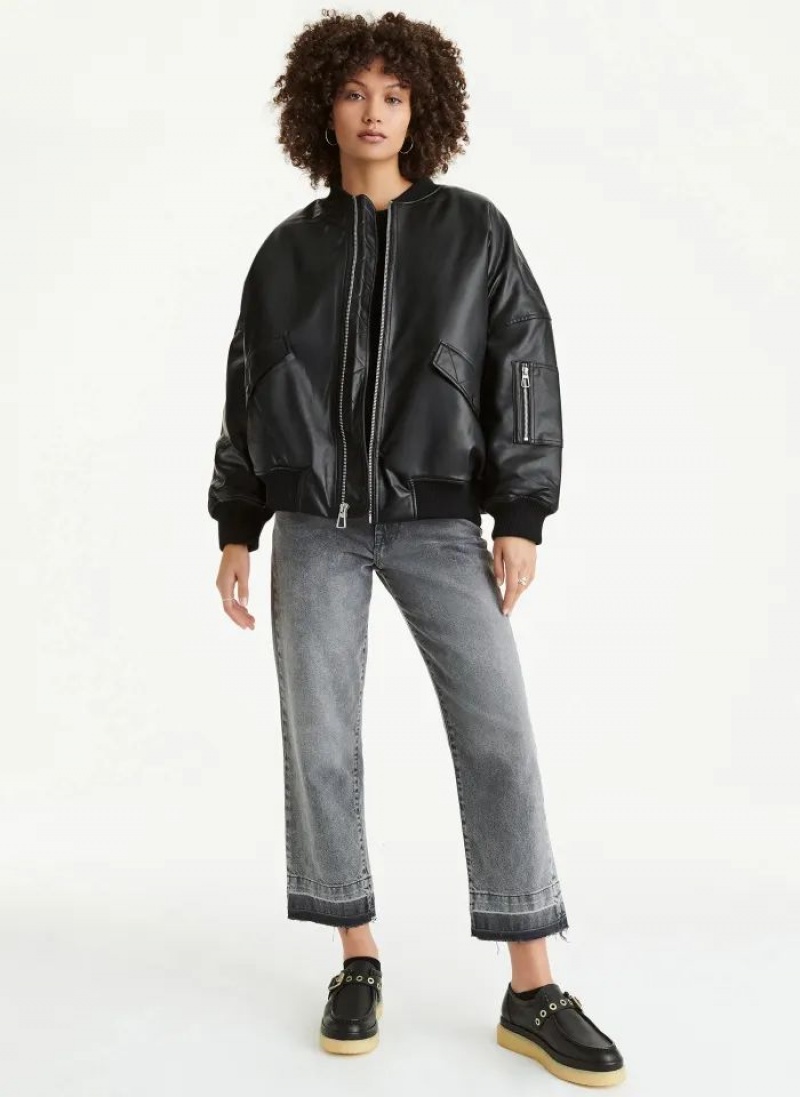 DKNY Faux Leder Oversized Bomber Jacken Damen Schwarz | Austria_D1186