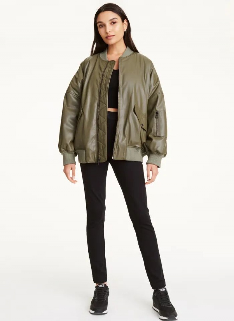 DKNY Faux Leder Oversized Bomber Jacken Damen Olivgrün | Austria_D0799