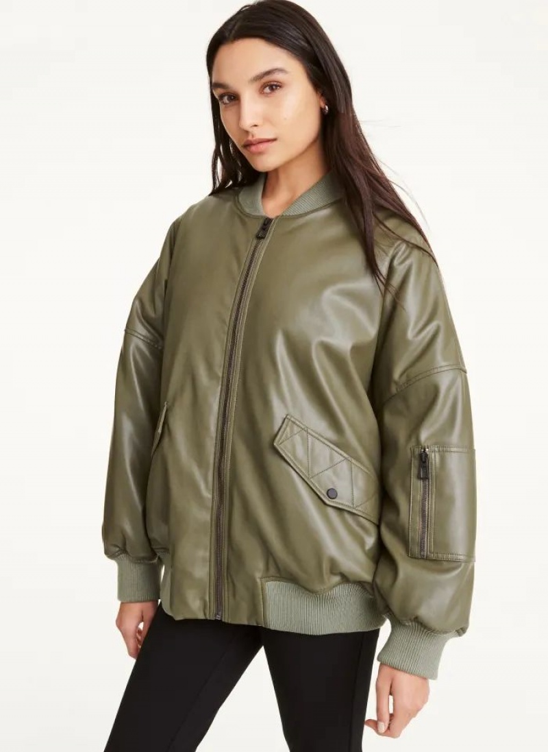 DKNY Faux Leder Oversized Bomber Jacken Damen Olivgrün | Austria_D0799