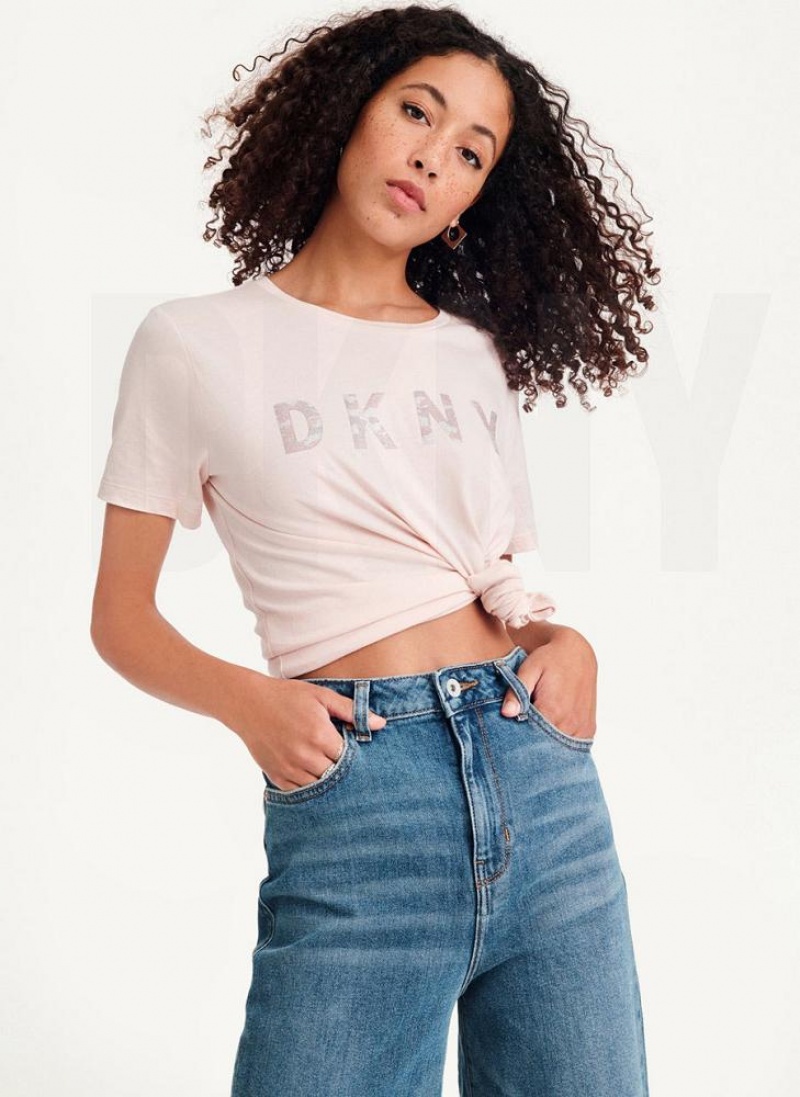 DKNY Glitter Logo T-shirts Damen Rosa | Austria_D0880