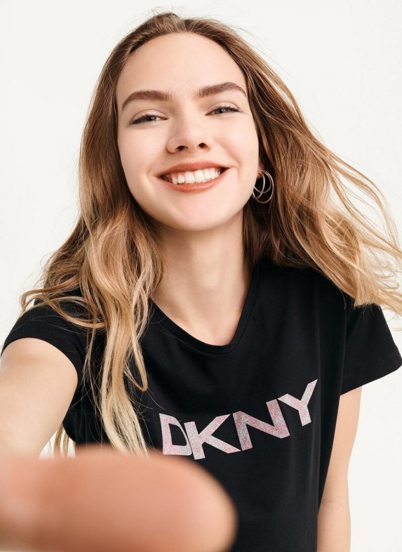 DKNY Glitter Logo T-shirts Damen Schwarz | Austria_D0897