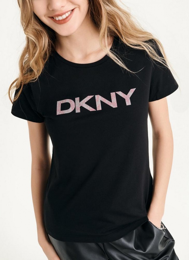 DKNY Glitter Logo T-shirts Damen Schwarz | Austria_D0897