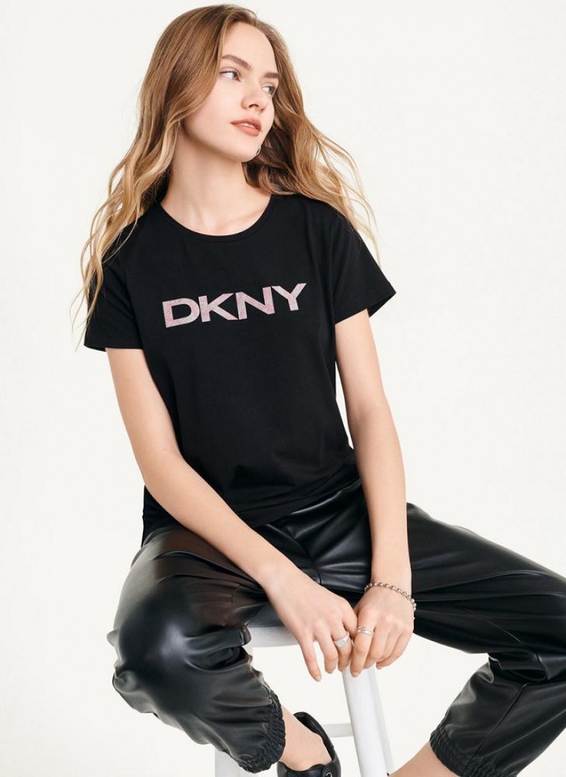 DKNY Glitter Logo T-shirts Damen Schwarz | Austria_D0897