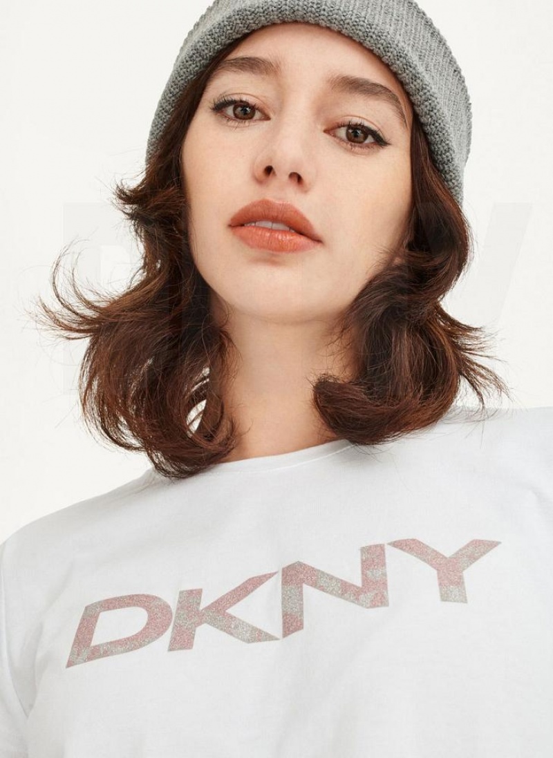 DKNY Glitter Logo T-shirts Damen Weiß | Austria_D1635