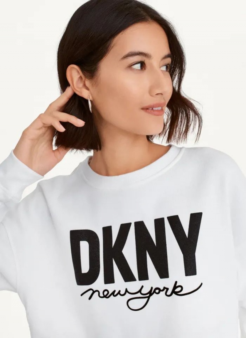 DKNY Glitter Script Logo Cropped Raw Edge Sweatshirts Damen Weiß | Austria_D1959