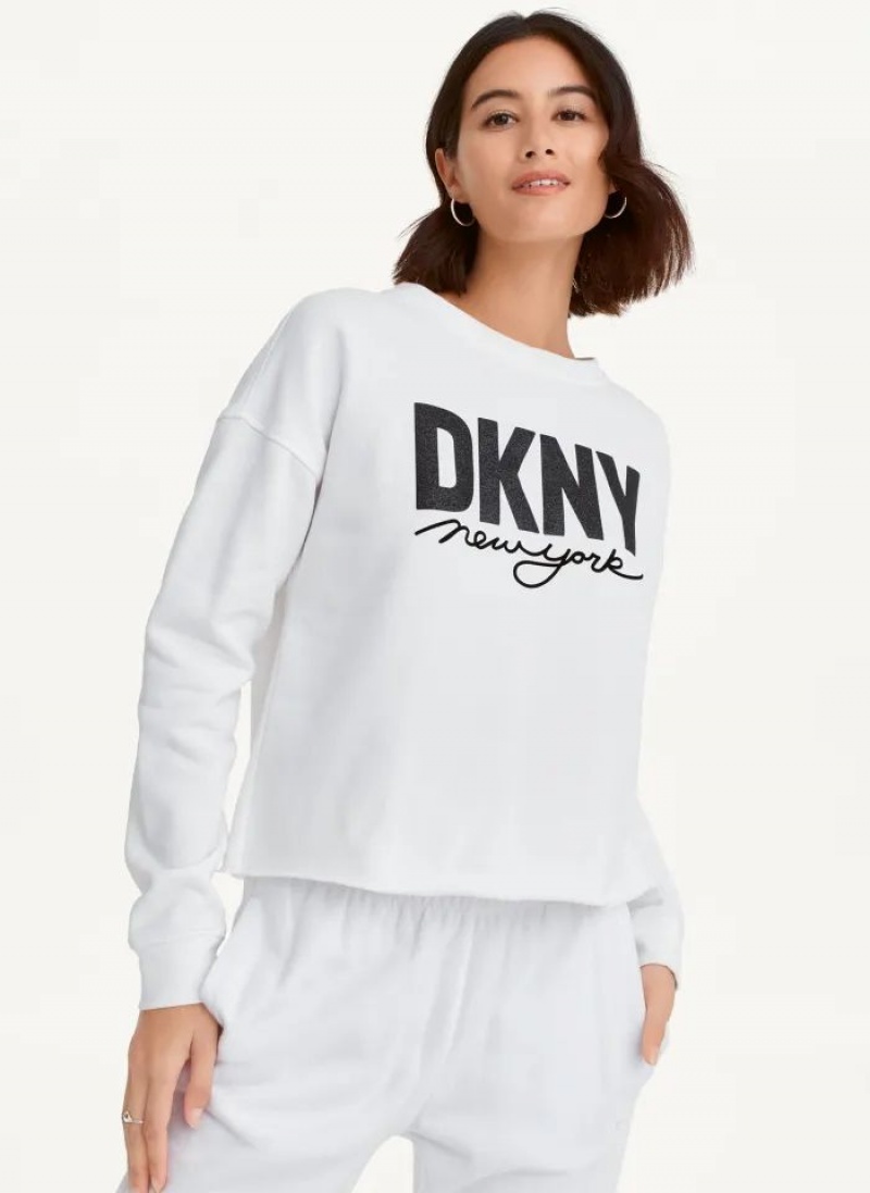 DKNY Glitter Script Logo Cropped Raw Edge Sweatshirts Damen Weiß | Austria_D1959