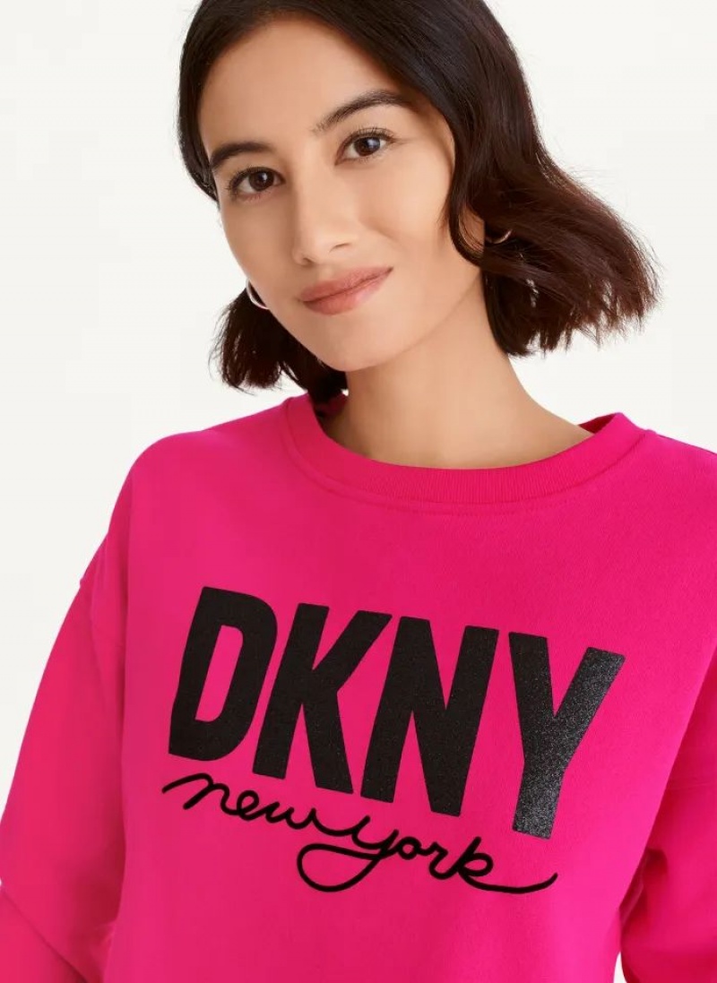 DKNY Glitter Script Logo Cropped Raw Edge Sweatshirts Damen Rosa | Austria_D1484